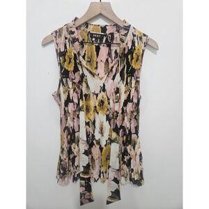 DKNY Womens XL Floral Pleated Sleeveless Tie Neck Blouse Yellow Pink Black Top